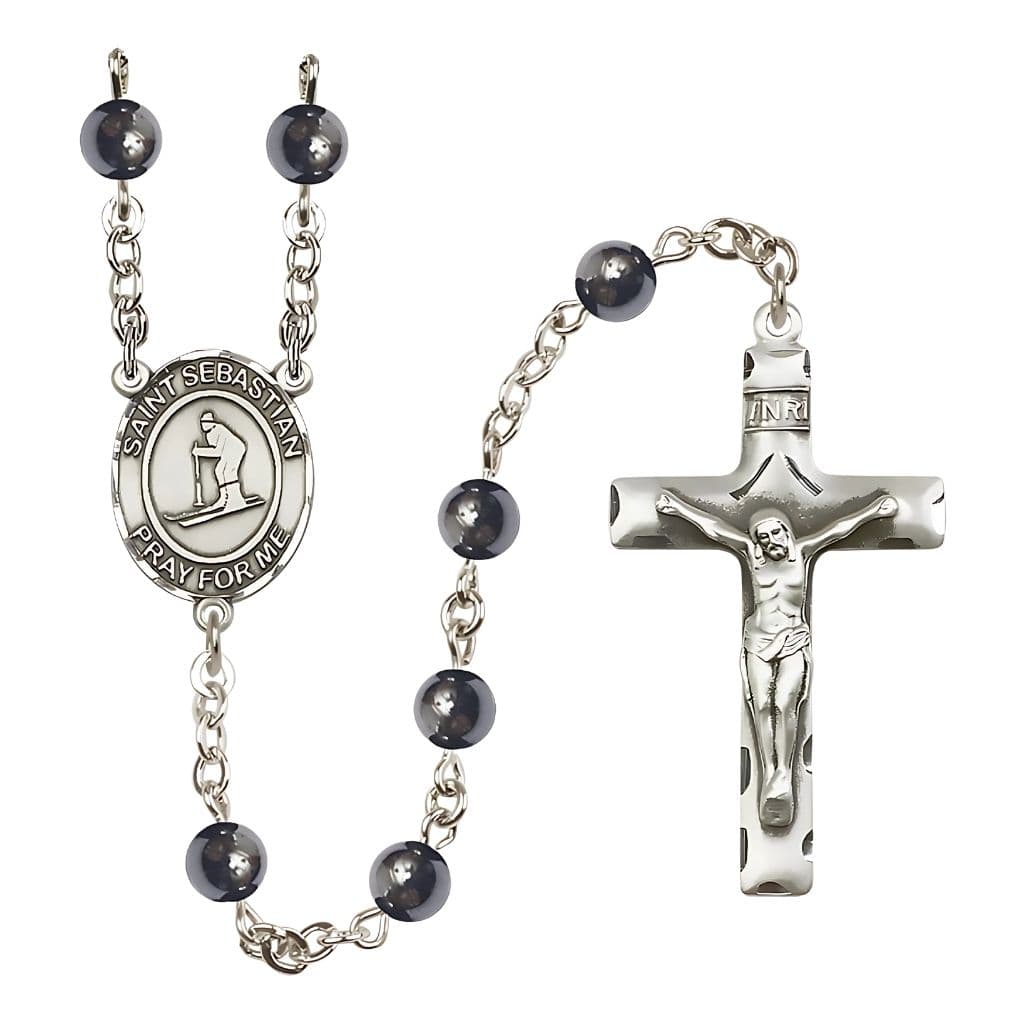 Bliss St. Sebastian Skiing 6mm Hematite Bead Silver-plated Rosary,