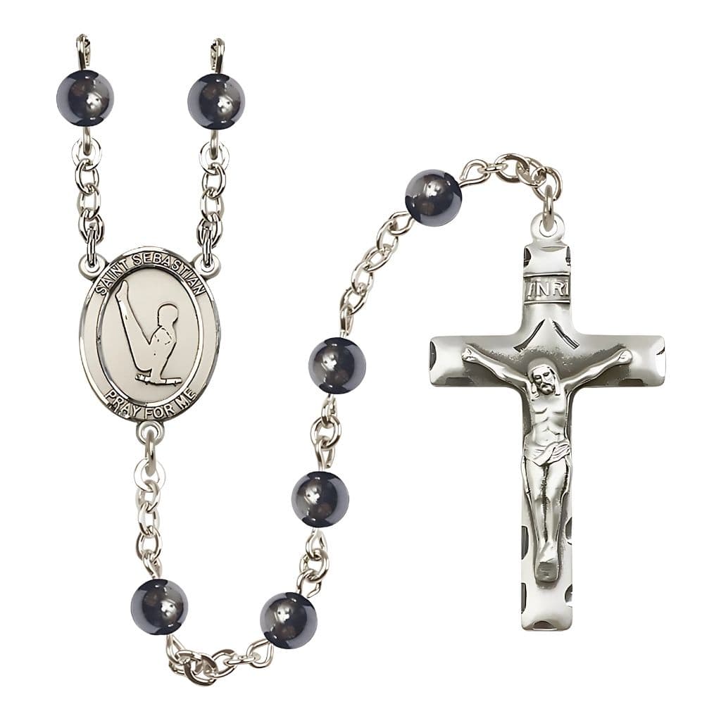 Bliss St. Sebastian Boy's Gymnastics 6mm Hematite Silver-plated Rosary with pewter centerpiece and crucifix