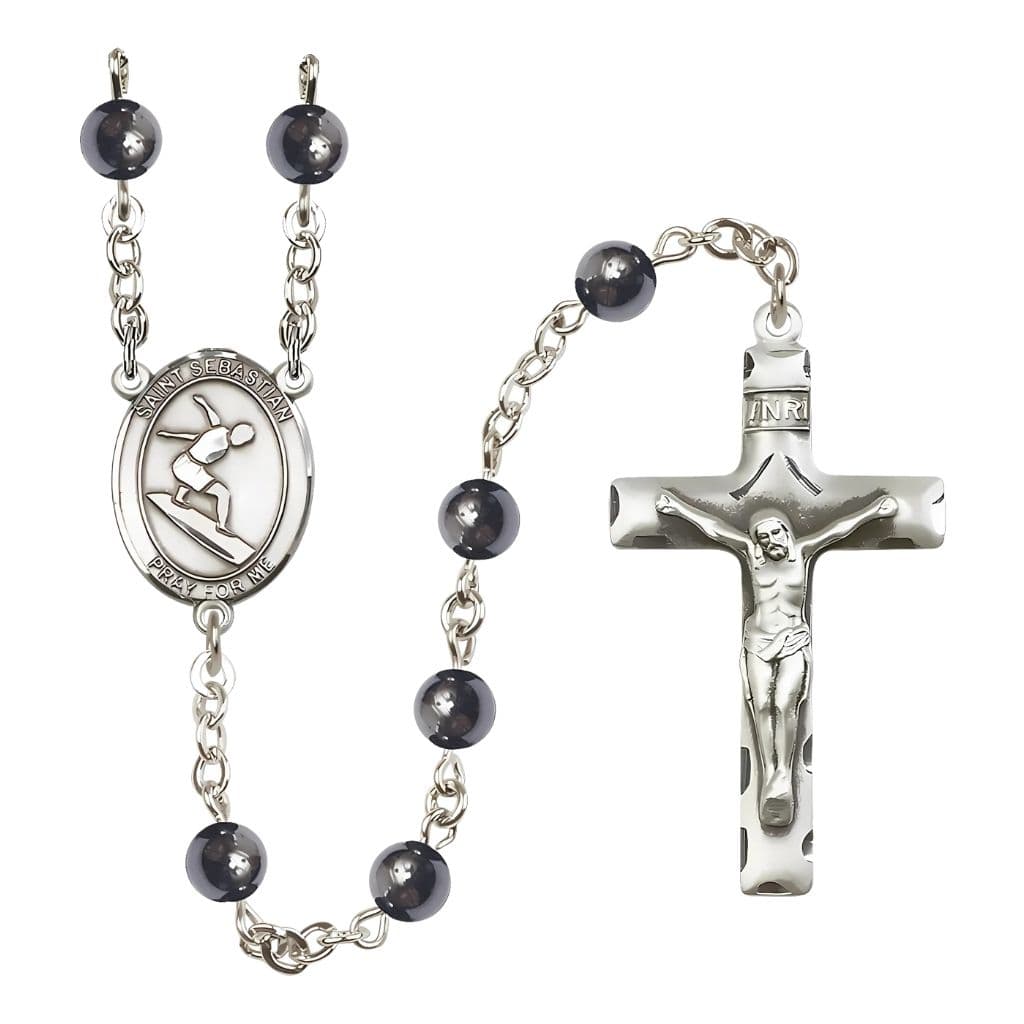 liss St. Sebastian Surfing 6mm Hematite Silver-plated Rosary, handcrafted in the USA by Bliss
