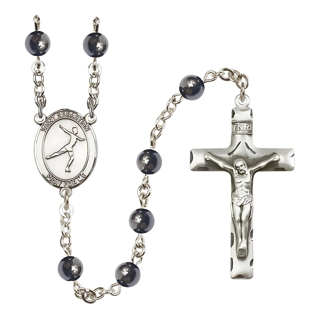 Bliss St. Sebastian Figure Skating 6mm Round Hematite Bead Silver-plated Rosary