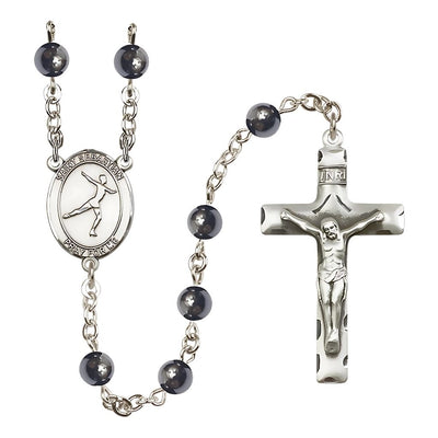St. Sebastian Figure Skating 6mm Round Hematite Bead Silver-plated Rosary, Bliss Manufacturing
