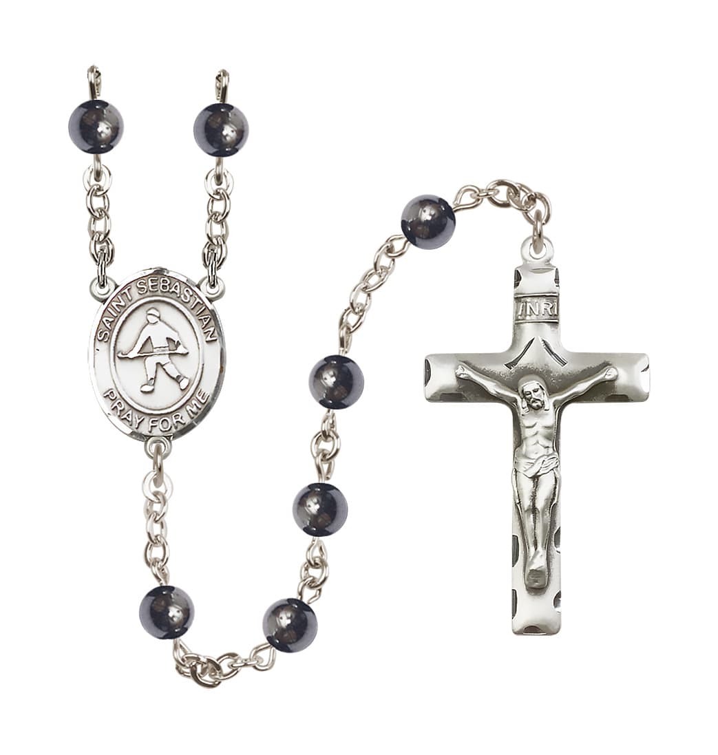 Bliss St Sebastian Field Hockey 6mm Hematite Bead Rosary,