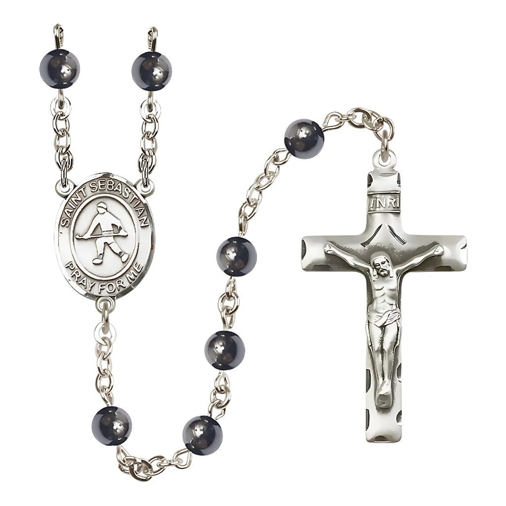 Bliss St. Christopher Field Hockey 6mm Round Hematite Bead Silver-plated Rosary