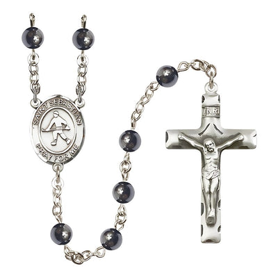 St. Christopher Field Hockey 6mm Round Hematite Bead Silver-plated Rosary, Bliss Manufacturing