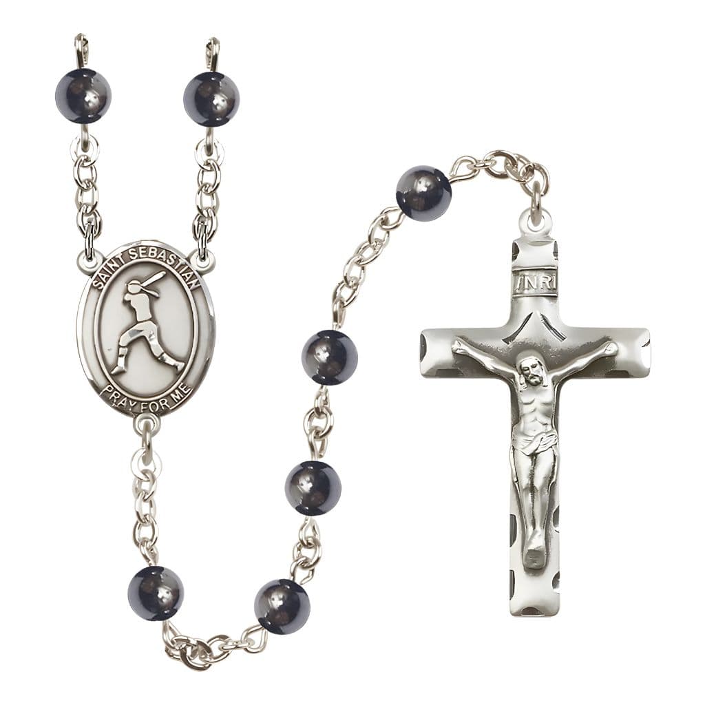 St. Sebastian Softball 6mm Hematite Rosary, handcrafted in the USA by Bliss Manufacturing