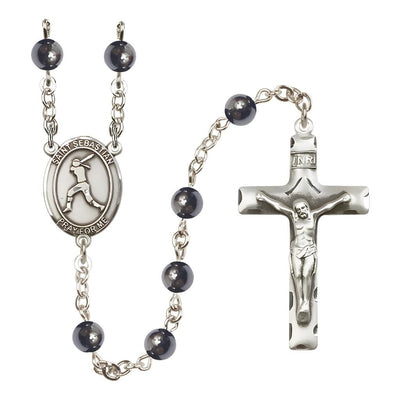 St. Sebastian Softball 6mm Hematite Rosary, handcrafted in the USA, Bliss Manufacturing