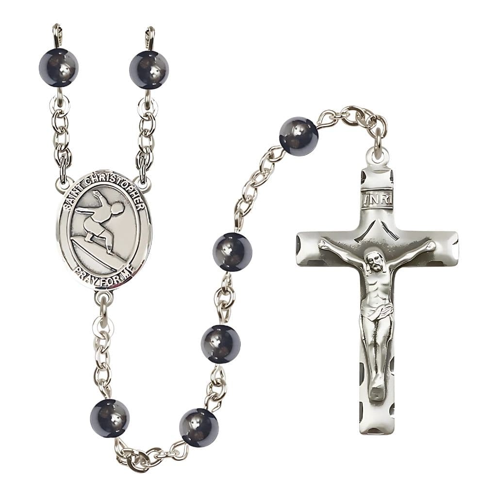 Bliss St. Christopher Surfing 6mm Hematite Rosary with Pewter Centerpiece and Crucifix