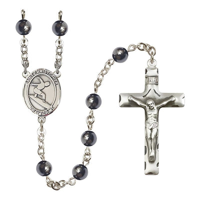 St. Christopher Surfing 6mm Hematite Rosary with Pewter Centerpiece and Crucifix, Bliss Manufacturing