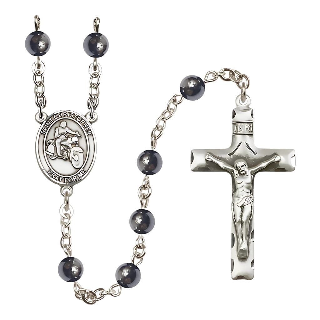 Bliss St. Christopher Motorcycle 6mm Hematite Bead Silver-plated Rosary,