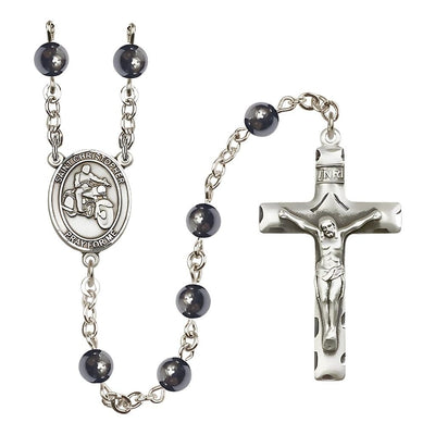 St. Christopher Motorcycle 6mm Hematite Bead Silver-plated Rosary, Bliss Manufacturing