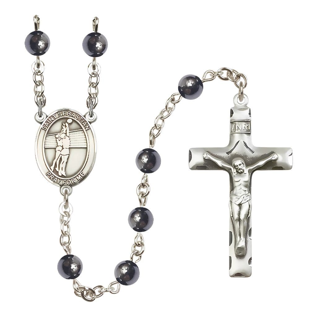 St. Sebastian Volleyball 6mm Hematite Bead Silver-plated Rosary, handcrafted in the USA by Bliss