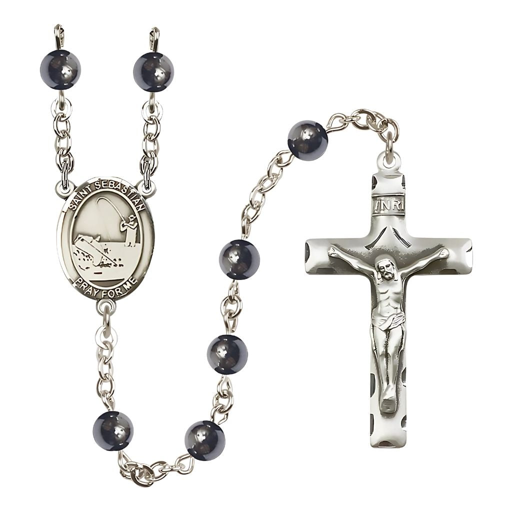 Bliss St. Sebastian Fishing 6mm Round Hematite Bead Silver-plated Rosary