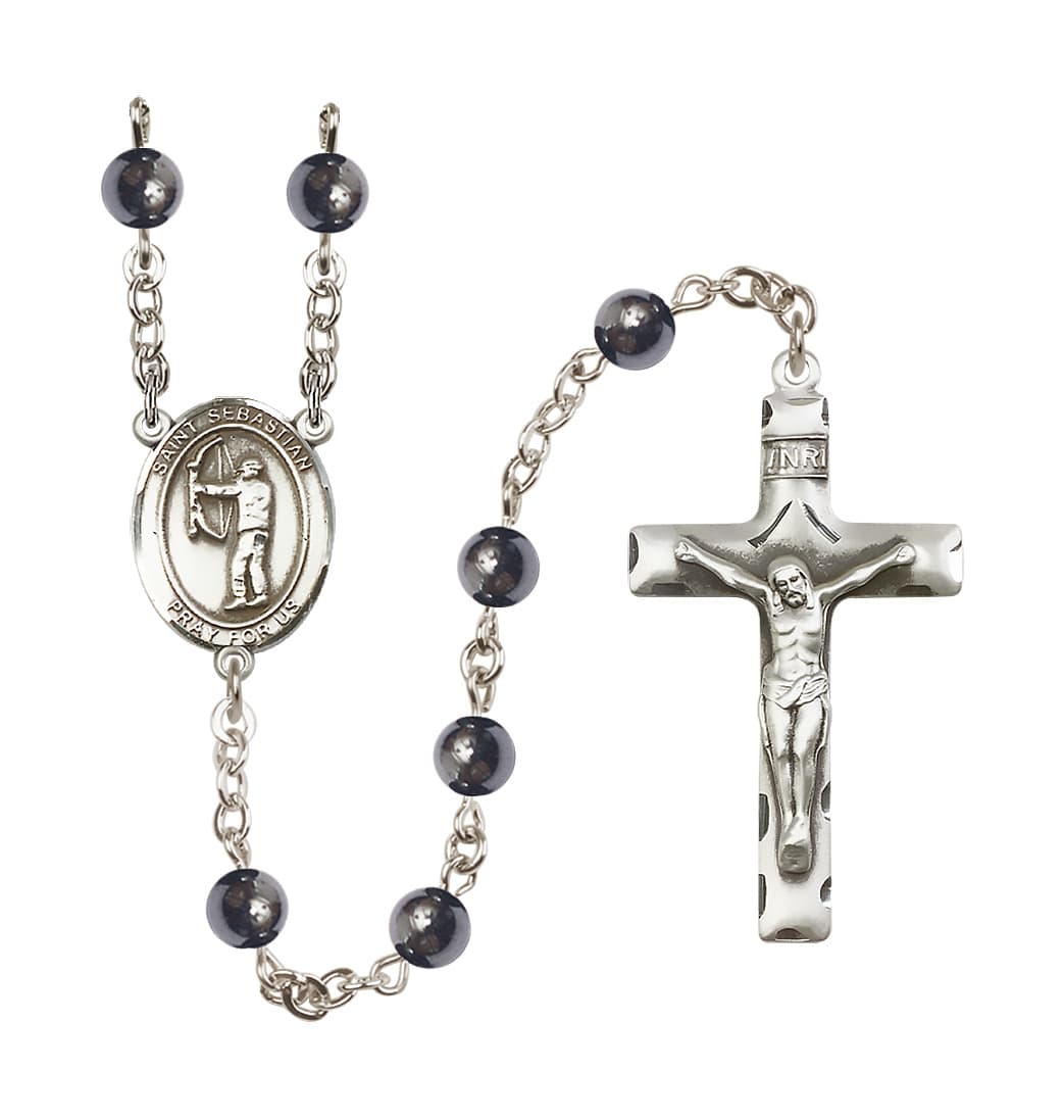 Bliss St Sebastian Archery 6mm Hematite Bead Rosary,