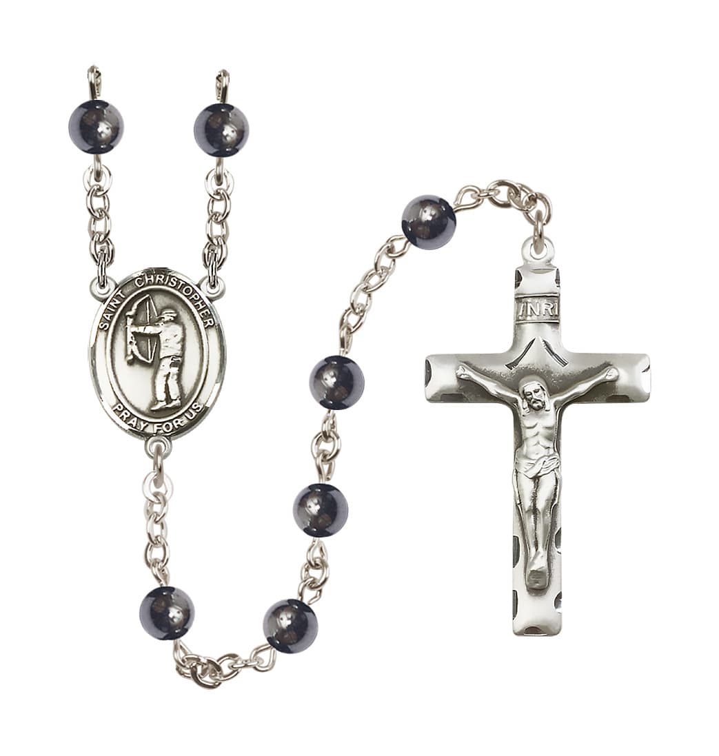 Bliss St Christopher Archery 6mm Hematite Bead Rosary,