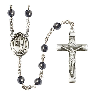 St Christopher Archery 6mm Hematite Bead Rosary, Bliss Manufacturing