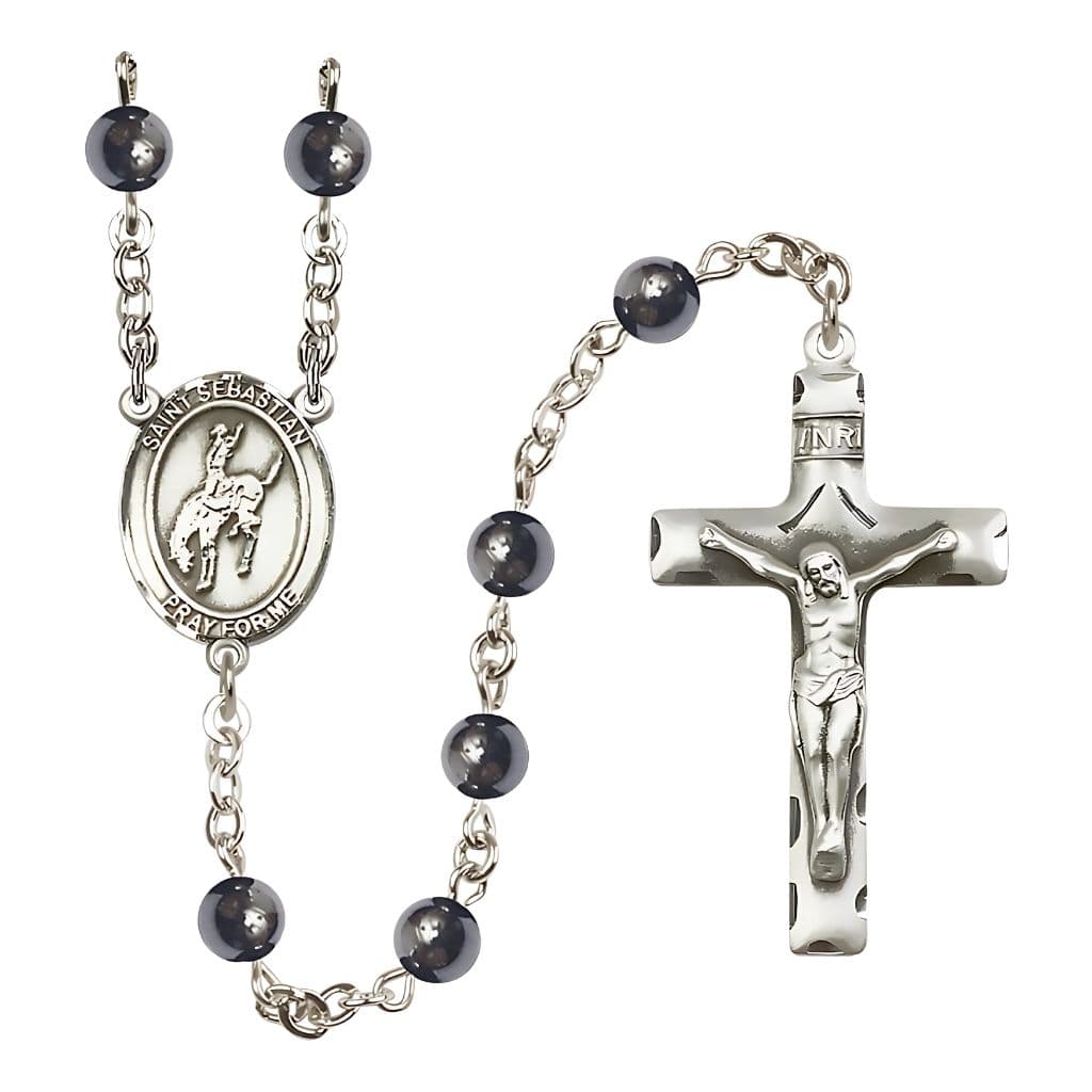 St. Sebastian Rodeo 6mm Hematite Silver-plated Rosary, handcrafted in the USA by Bliss