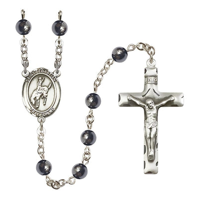 St. Sebastian Rodeo 6mm Hematite Silver-plated Rosary, handcrafted in the USA, Bliss Manufacturing