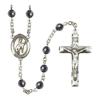St. Christopher Rodeo 6mm Hematite Silver-plated Rosary with pewter centerpiece and crucifix, Bliss Manufacturing
