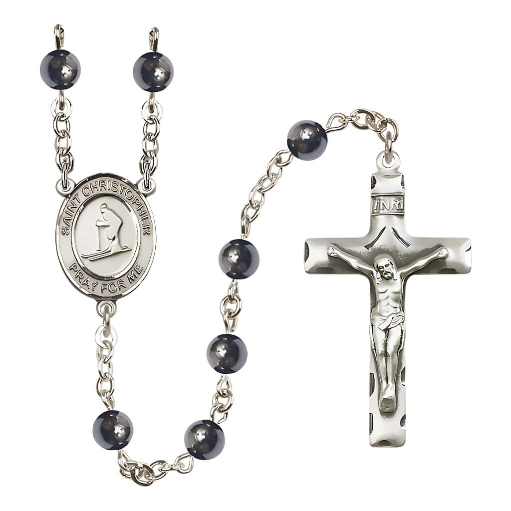 Bliss St. Christopher Skiing 6mm Hematite Rosary, handcrafted in the USA by Bliss