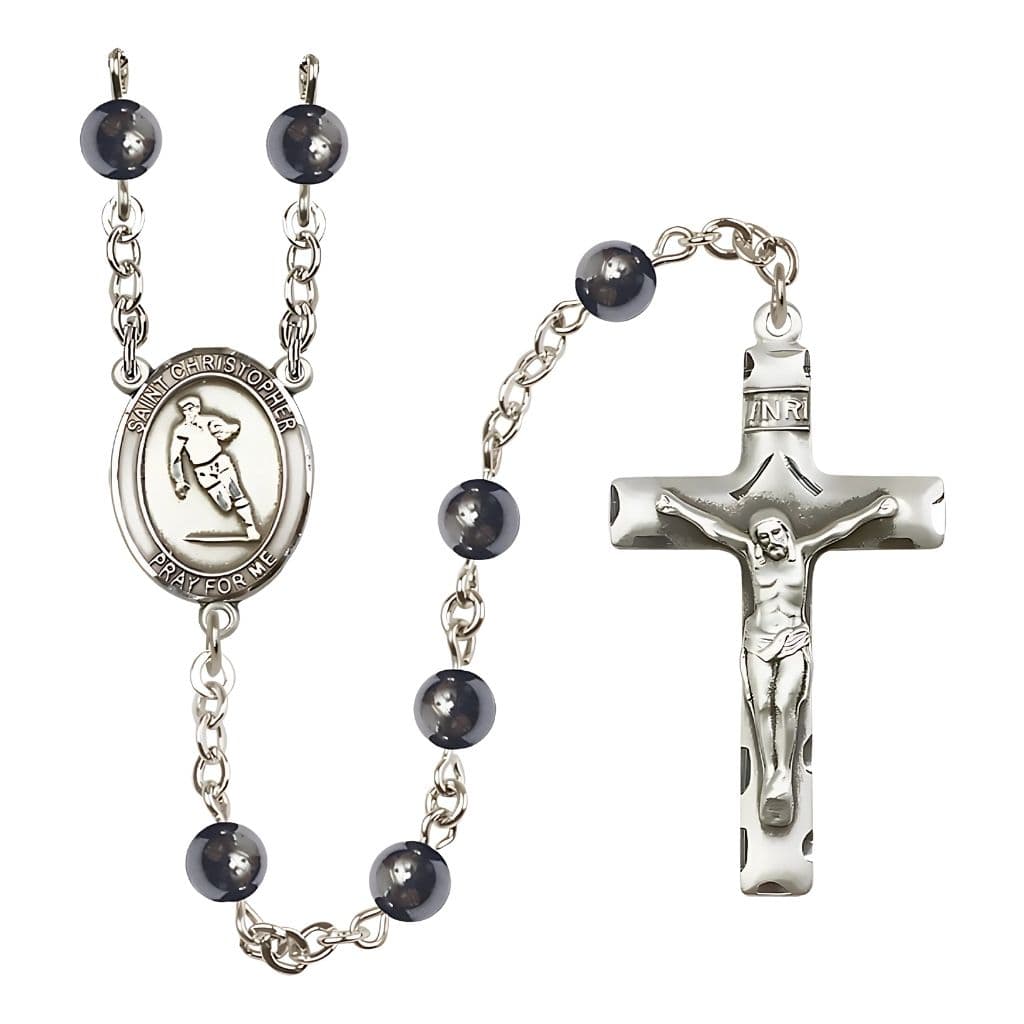  Hematite Catholic rosary features 6mm Hematite beads and a pewter St. Christopher center, ideal for Rugby,