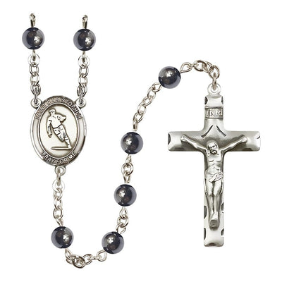 Hematite Catholic rosary features 6mm Hematite beads and a pewter St. Christopher center, ideal for Rugby, Bliss Manufacturing