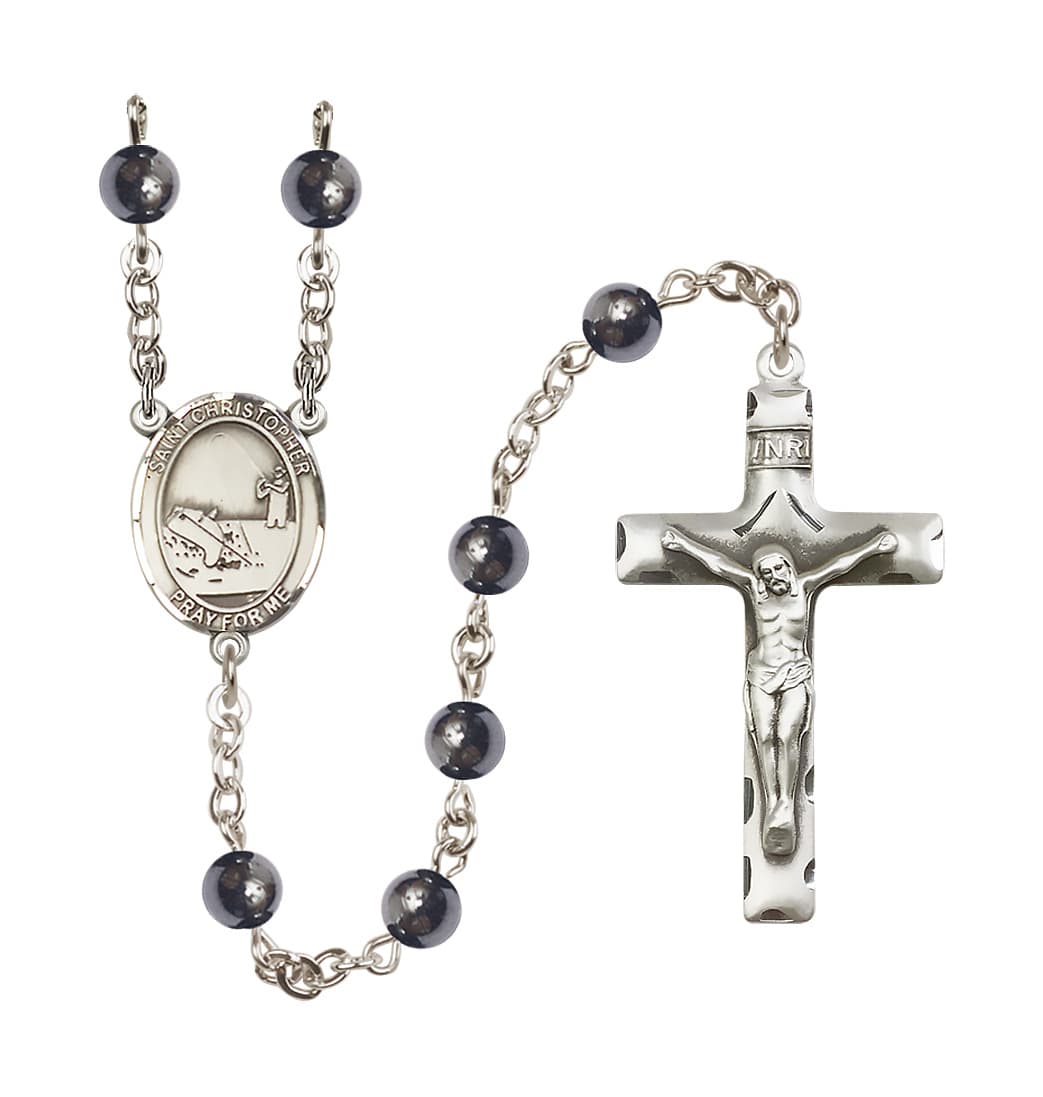 Bliss St Christopher Fishing 6mm Hematite Bead Rosary,