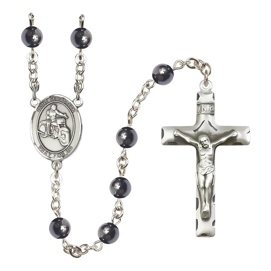St. Sebastian Motorcycle Rider 6mm Hematite Rosary, handcrafted in the USA by Bliss
