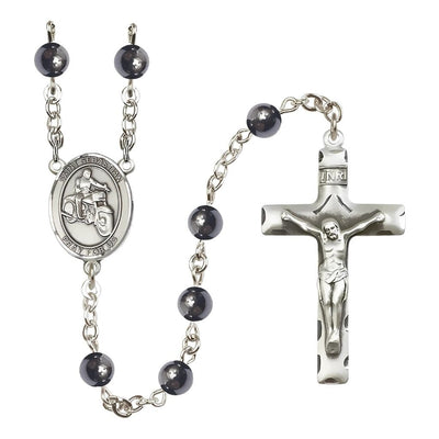 St. Sebastian Motorcycle Rider 6mm Hematite Rosary, handcrafted in the USA, Bliss Manufacturing