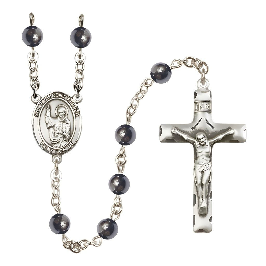Bliss St. Vincent Ferrer 6mm Hematite Bead Catholic Rosary with Pewter Centerpiece and Crucifix