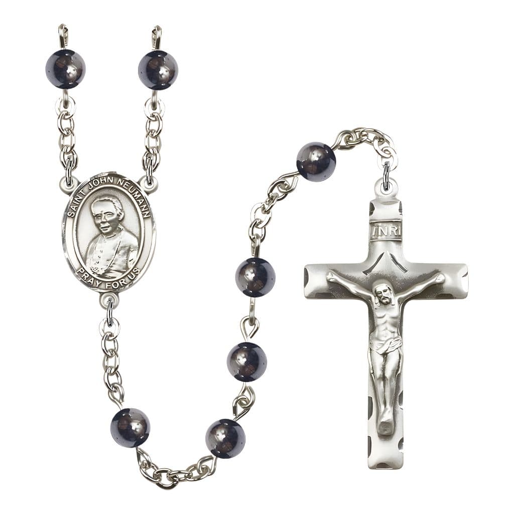 Bliss St. John Neumann 6mm Hematite Bead Catholic Rosary with Pewter Centerpiece and Crucifix