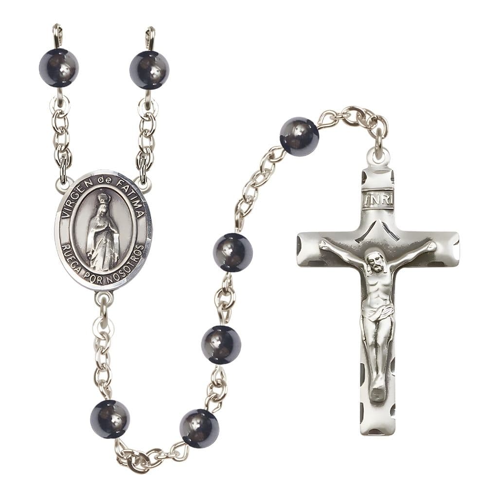 Bliss Spanish Virgen de Fatima 6mm Hematite Bead Rosary with Pewter Centerpiece and Crucifix, Gift Box.