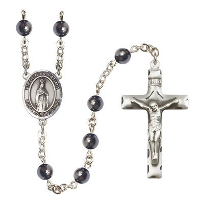 Spanish Virgen de Fatima 6mm Hematite Bead Rosary with Pewter Centerpiece and Crucifix, Gift Box, Bliss Manufacturing