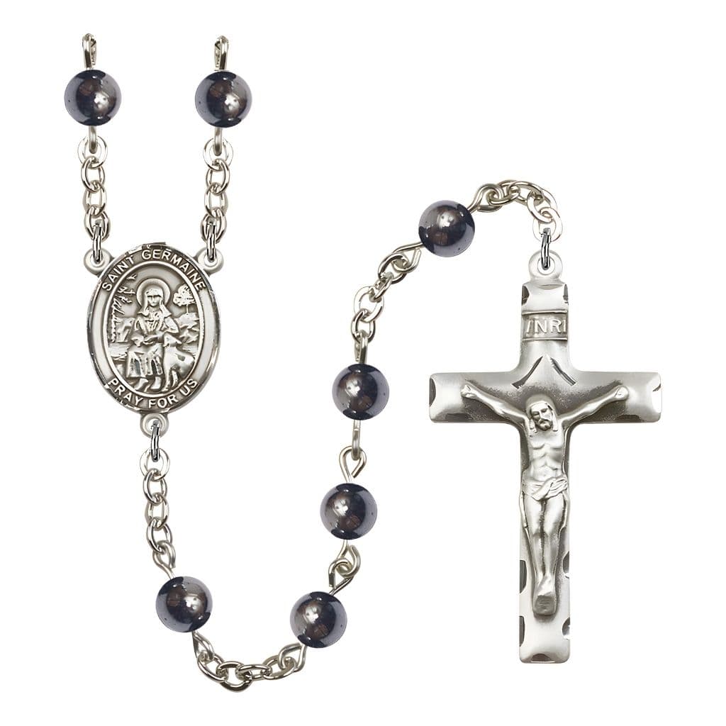 St. Germaine Cousin 6mm Hematite Bead Rosary with Pewter Centerpiece and Crucifix, Gift Box.