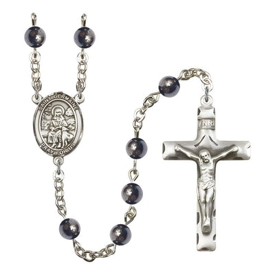 St. Germaine Cousin 6mm Hematite Bead Rosary with Pewter Centerpiece and Crucifix, Gift Box.