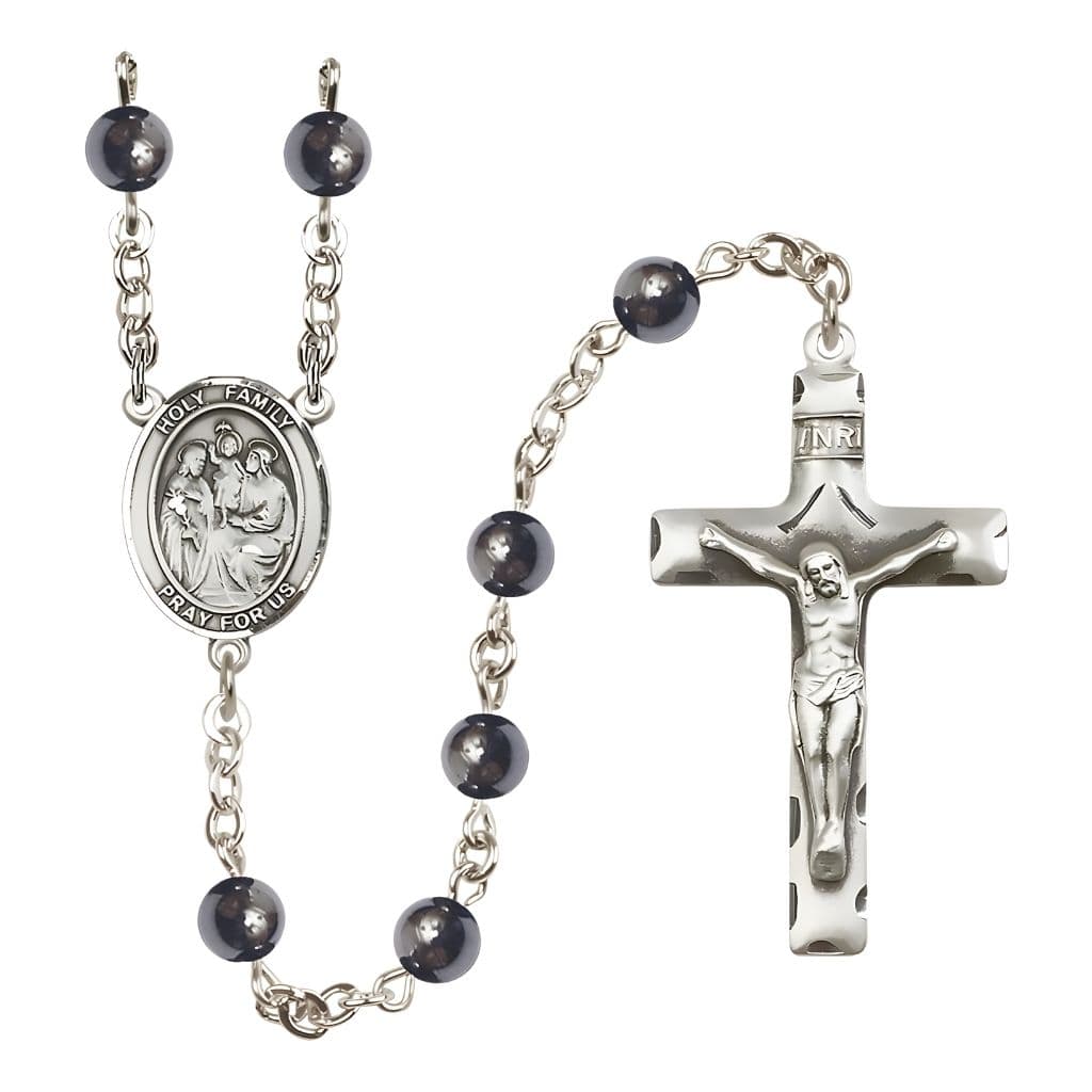 Bliss Holy Family 6mm Hematite Bead Silver-Plated Catholic Rosary with Pewter Centerpiece and Crucifix