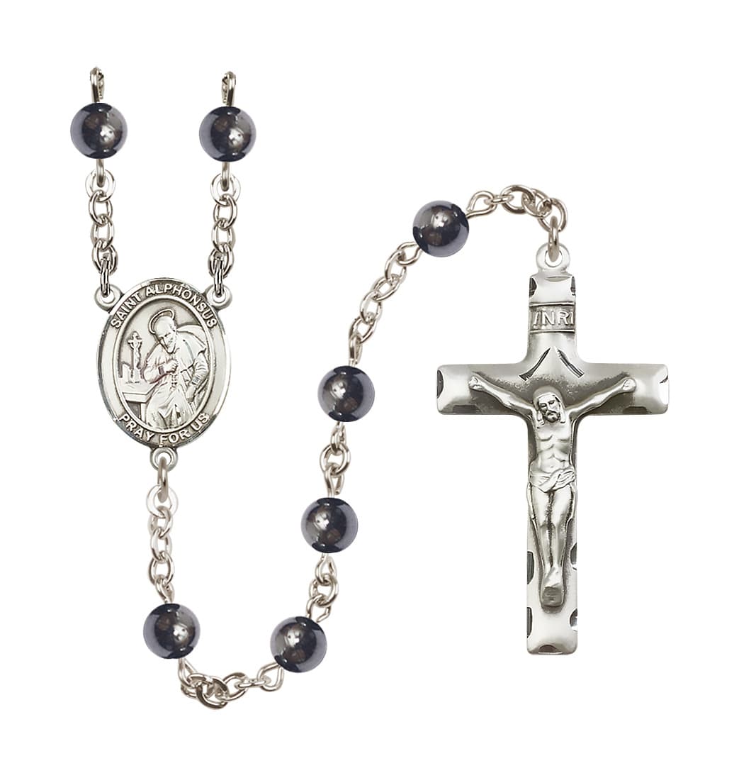 Bliss Manufacturing St Alphonsus 6mm Hematite Silver-plated Rosary,