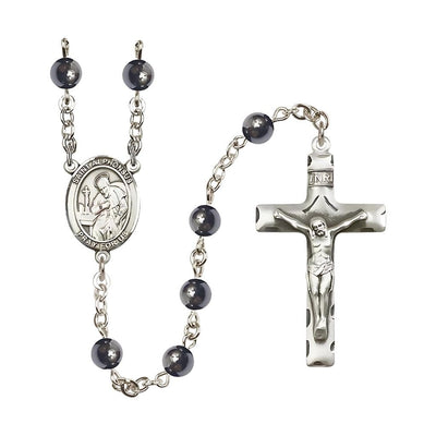 St. Alphonsus 6mm Hematite Bead Silver-plated Rosary, Pewter Center and Crucifix, Bliss Manufacturing