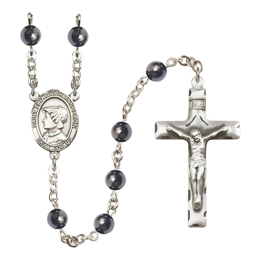 Bliss St. Elizabeth Ann Seton 6mm Hematite Bead Catholic Rosary with Pewter Centerpiece and Crucifix