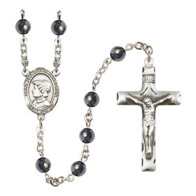 St. Elizabeth Ann Seton 6mm Hematite Bead Catholic Rosary with Pewter Centerpiece and Crucifix, Bliss Manufacturing