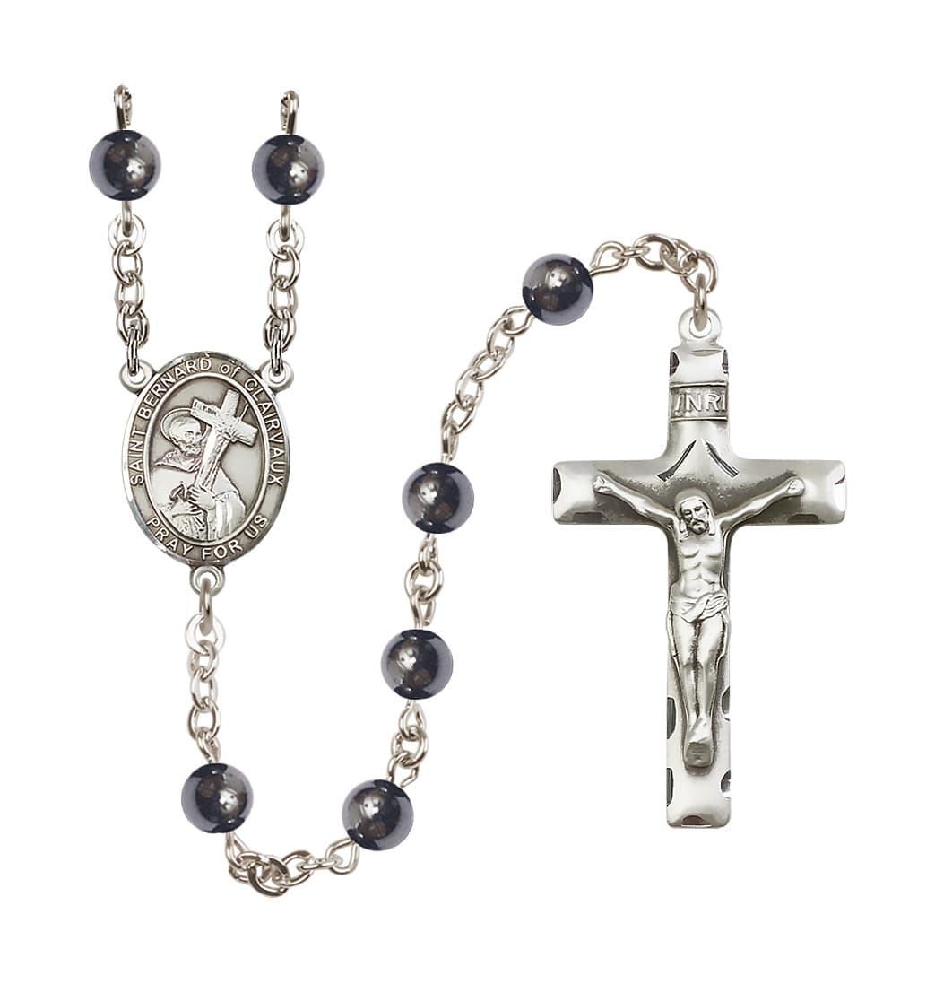 Bliss St Bernard of Clairvaux 6mm Hematite Silver-plated Rosary,