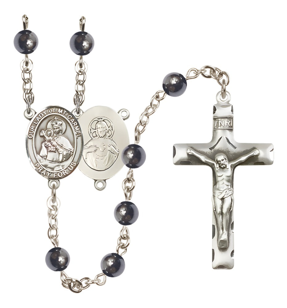 Silver Plated 6mm Hematite Our Lady of Mount Carmel Rosary,