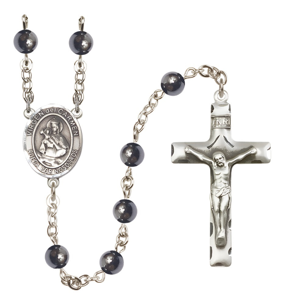 Silver Plated 6mm Hematite Virgen del Carmen Rosary,