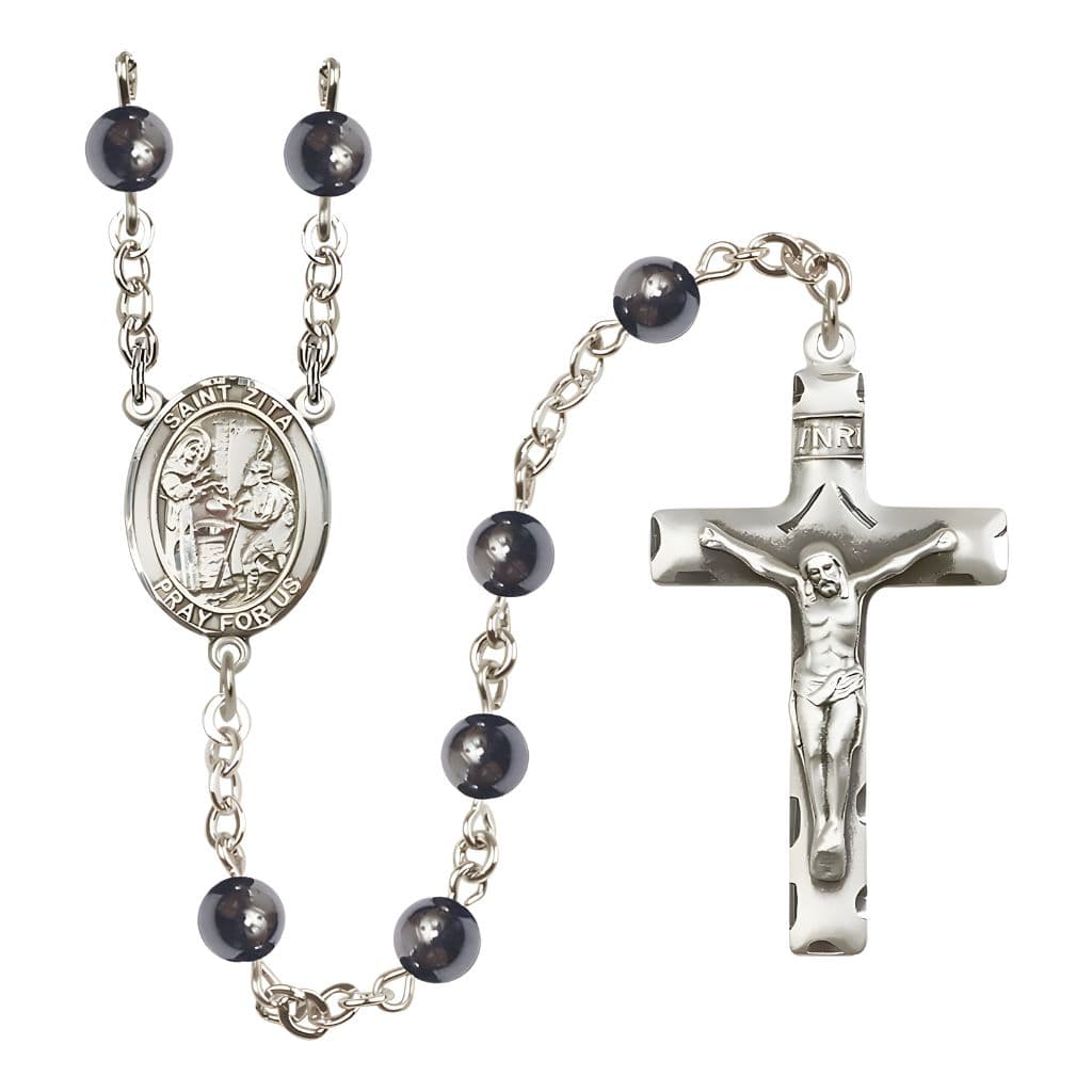 Bliss St. Zita 6mm Hematite Silver-plated Rosary with Pewter Centerpiece and Crucifix