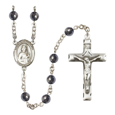 St. Wenceslaus 6mm Hematite Bead Silver-plated Rosary with Pewter Centerpiece and Crucifix, Bliss Manufacturing