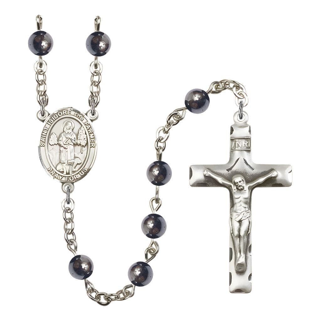 Bliss St. Isidore the Farmer 6mm Hematite Bead Silver-plated Rosary with Pewter Centerpiece and Crucifix, Gift Box.