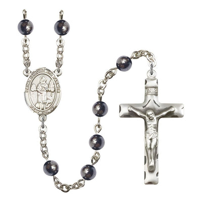 St. Isidore the Farmer 6mm Hematite Bead Silver-plated Rosary with Pewter Centerpiece and Crucifix, Gift Box, Bliss Manufacturing
