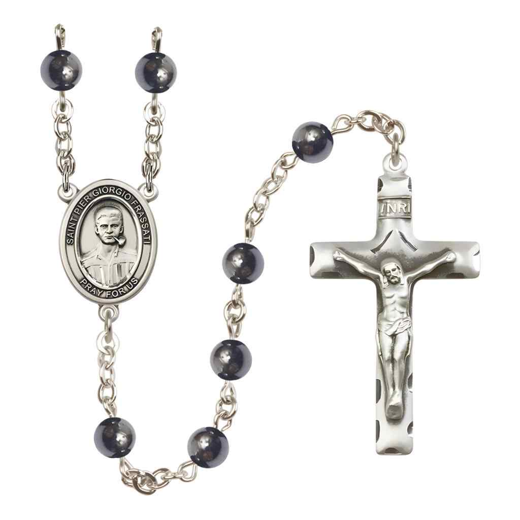 Saint Pier Giorgio Frassati 6mm Hematite Bead Rosary with Pewter Centerpiece and Crucifix in Gift Box, Made in USA by Bliss Manufacturing
