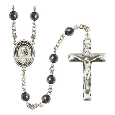 Saint Pier Giorgio Frassati 6mm Hematite Bead Rosary with Pewter Centerpiece and Crucifix in Gift Box, Made in USA by Bliss Manufacturing