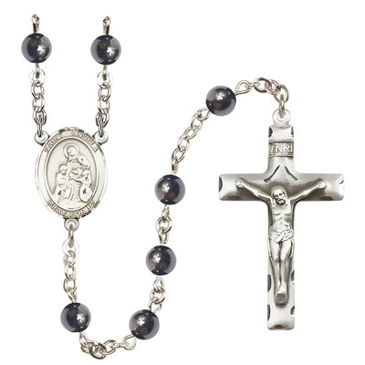 St. Angela Merici 6mm Hematite Bead Catholic Rosary with Pewter Centerpiece and Crucifix, Bliss Manufacturing