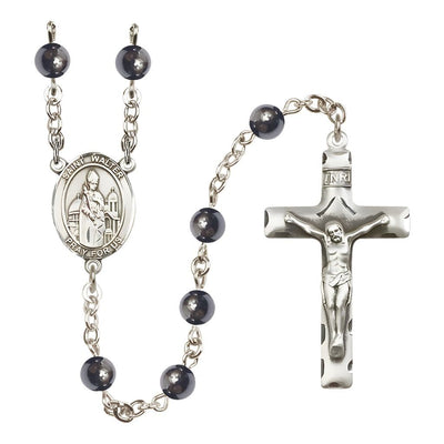 St. Walter of Pontnoise 6mm Hematite Bead Silver-Plated Rosary with Pewter Centerpiece and Crucifix, Bliss Manufacturing